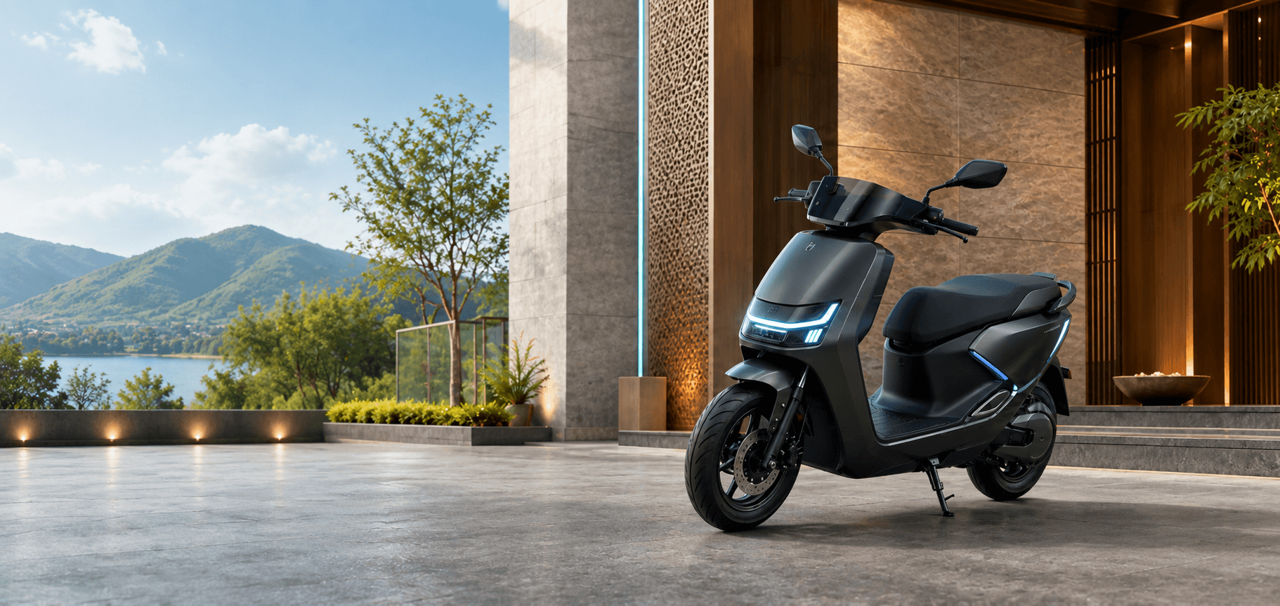 Premium electric scooter in a cinematic showroom setting